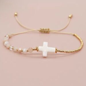 Gold and White Cross Beaded Bracelet